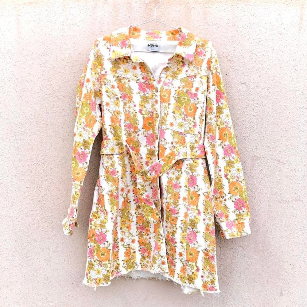 Show Me Your MUMU Groovy Floral Denim Jacket with Belt Women's XXL